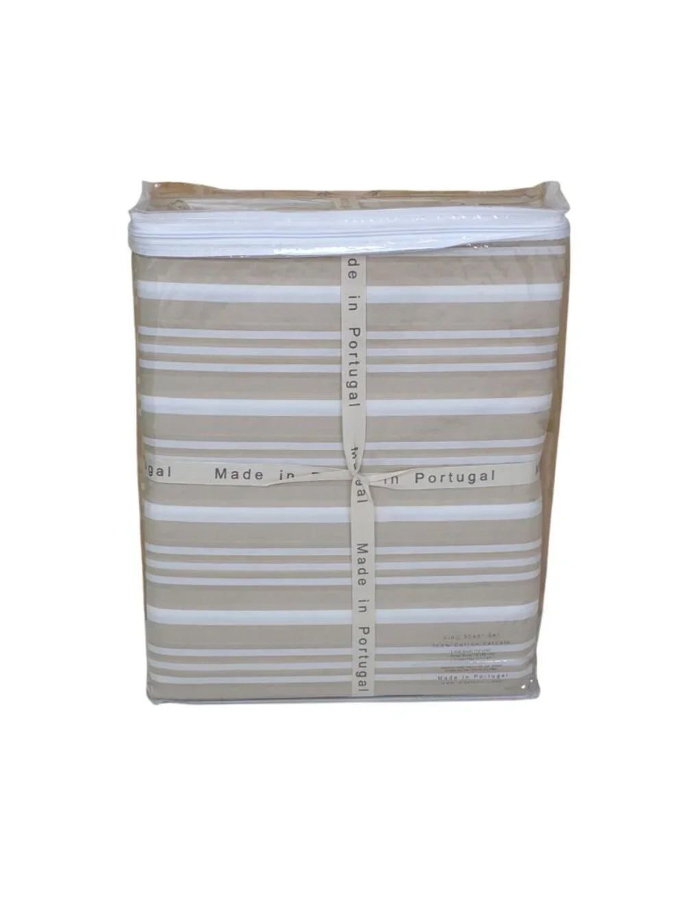Alda Texteis  Portugal King Sheet Set 100% Cotton Percale Beige & White Stripes